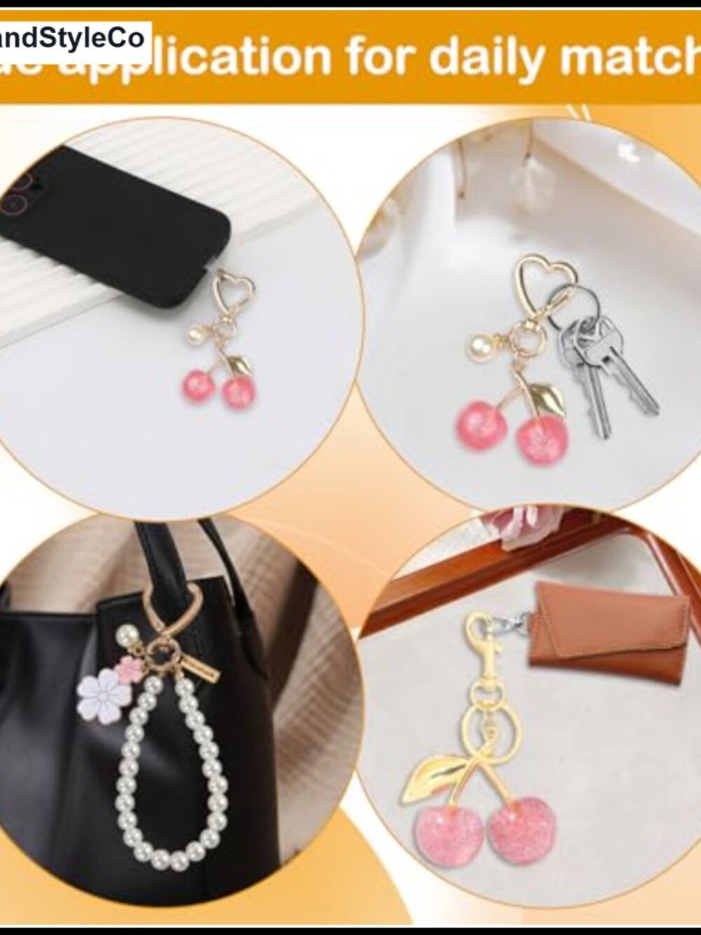 3 PC Pearl Cherry Bag Charm Keychain Set Purse Accessories Women - Picture 2 of 6